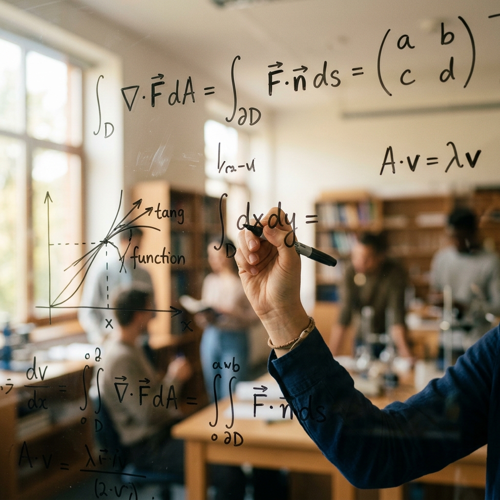 Mathematical equations on glass whiteboard